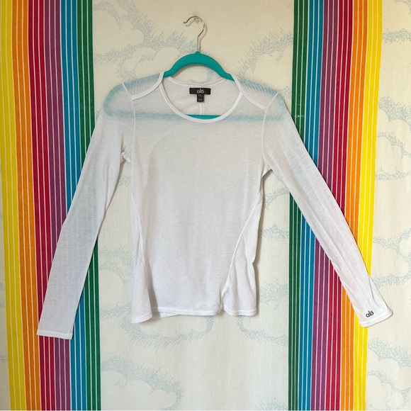 ALO yoga white long sleeve shirt sheer ribbed work print top small - Picture 1 of 13
